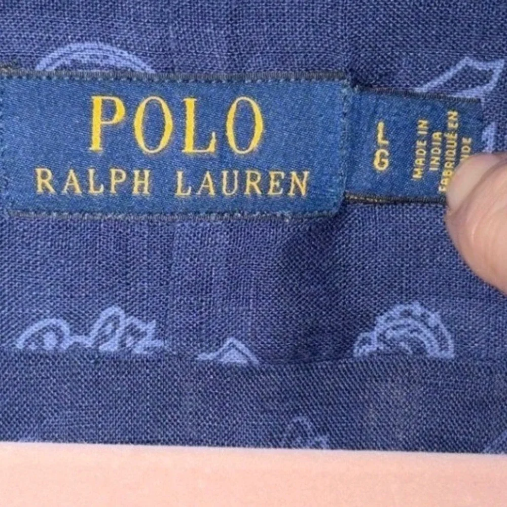 Polo Ralph Lauren 100% Linen shirt SS Button‎ Front Logo Print Football sz LG - Picture 7 of 7